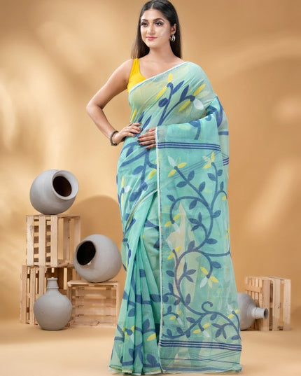 DESH BIDESH Turquoise Blue & Yellow Woven Design Linen Blend Jamdani Saree