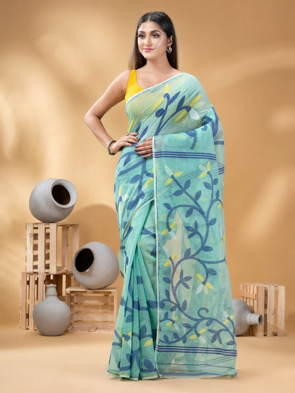 DESH BIDESH Turquoise Blue & Yellow Woven Design Linen Blend Jamdani Saree
