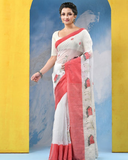 DESH BIDESH Ethnic Motifs Embroidered Pure Cotton Khadi Saree