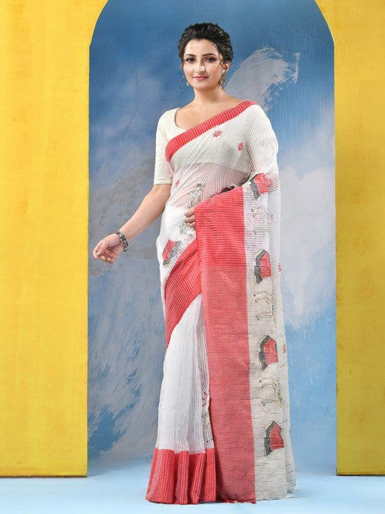 DESH BIDESH Ethnic Motifs Embroidered Pure Cotton Khadi Saree