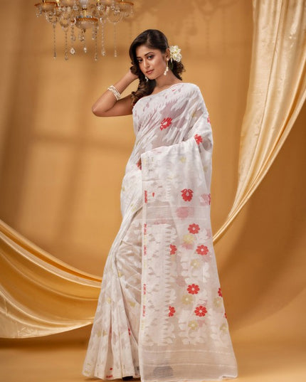 DESH BIDESH White & Red Pure Cotton Jamdani Saree, Woven Zari Design