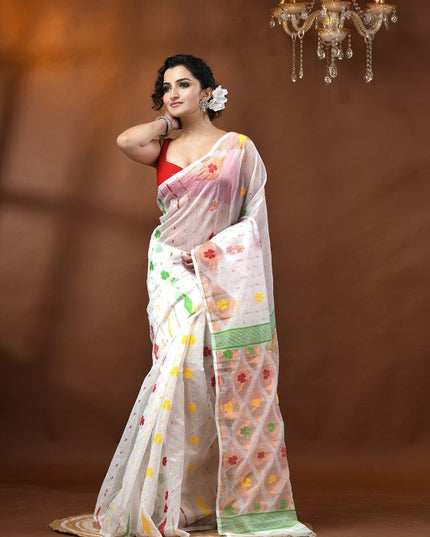 DESH BIDESH White and Red Floral Woven Design Jamdani Saree for Women