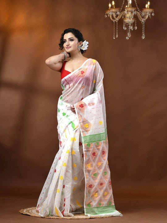 DESH BIDESH White and Red Floral Woven Design Jamdani Saree for Women