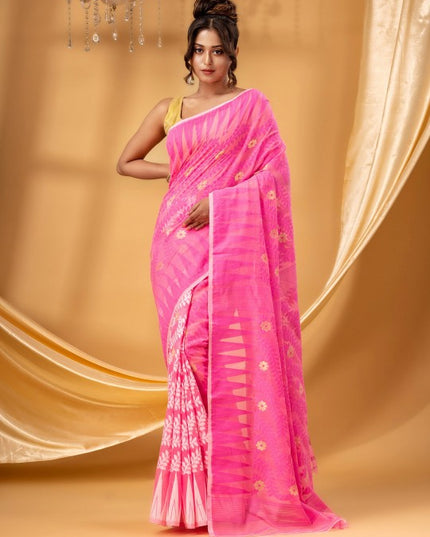 Exquisite Pink Gold-Toned Pure Cotton Jamdani Saree with Ethnic Woven Motifs