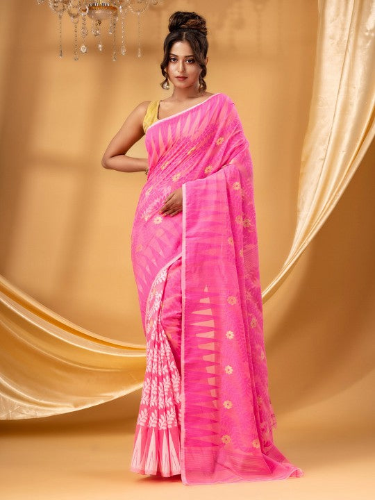 Exquisite Pink Gold-Toned Pure Cotton Jamdani Saree with Ethnic Woven Motifs