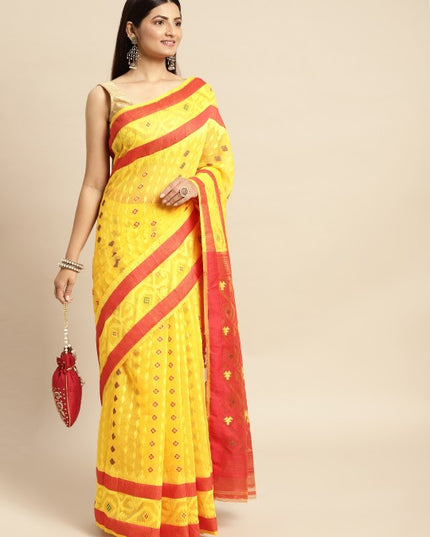 DESH BIDESH Red & Yellow Woven Design Pure Cotton Jamdani Saree