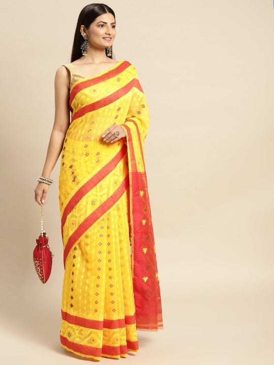 DESH BIDESH Red & Yellow Woven Design Pure Cotton Jamdani Saree