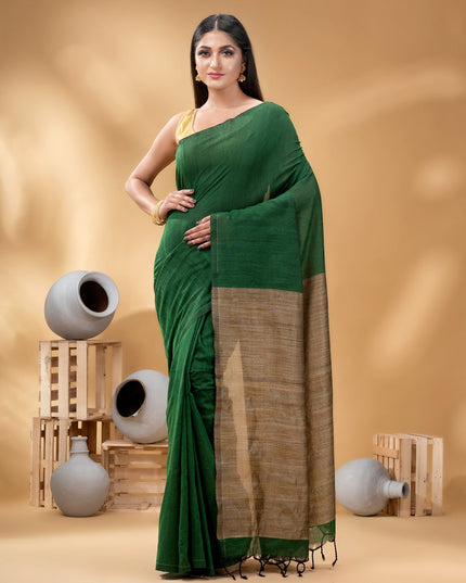 DESH BIDESH Green Gold-Toned Pure Cotton Handloom Khadi Saree with Zari Detail