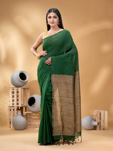 DESH BIDESH Green Gold-Toned Pure Cotton Handloom Khadi Saree with Zari Detail