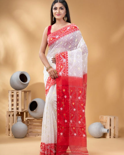 DESH BIDESH White Red Pure Cotton Jamdani Saree, Ethnic Motifs, Zari Woven