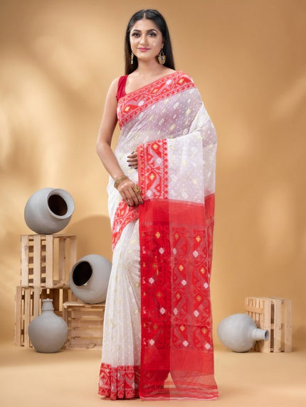 DESH BIDESH White Red Pure Cotton Jamdani Saree, Ethnic Motifs, Zari Woven