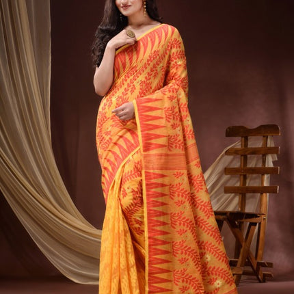 DESH BIDESH Women's Pure Cotton Jamdani Saree: Floral Woven Design, Orange & Mustard