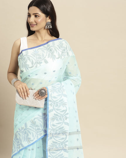 DESH BIDESH Blue & White Ethnic Motifs Pure Cotton Taant Saree