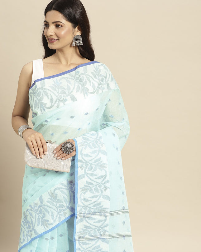 DESH BIDESH Blue & White Ethnic Motifs Pure Cotton Taant Saree