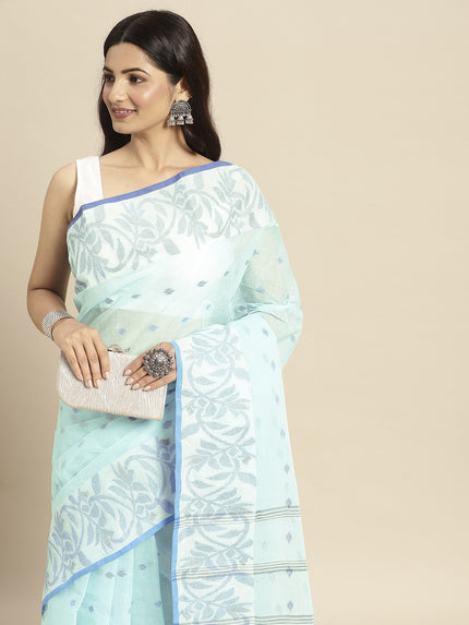 DESH BIDESH Blue & White Ethnic Motifs Pure Cotton Taant Saree