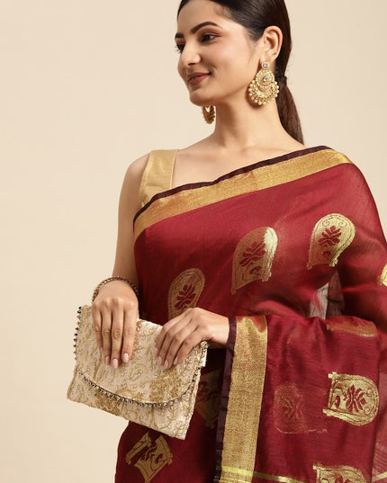 DESH BIDESH Maroon & Golden Ethnic Design Pure Cotton Taant Saree