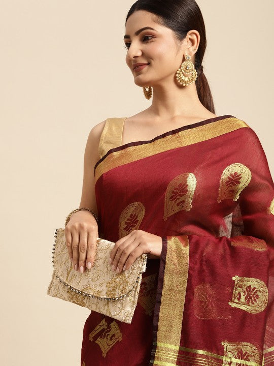 DESH BIDESH Maroon & Golden Ethnic Design Pure Cotton Taant Saree
