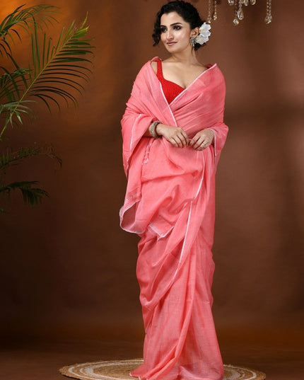 DESH BIDESH Solid Soft Mulmul Cotton Saree with Elegant Solid Border