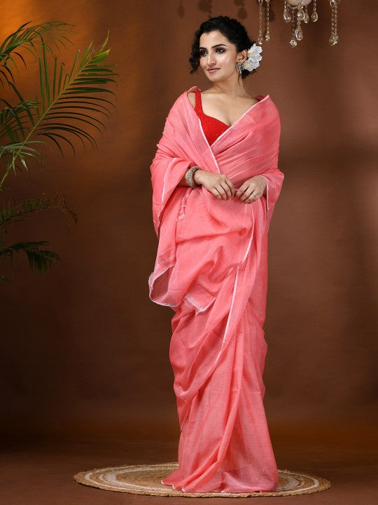 DESH BIDESH Solid Soft Mulmul Cotton Saree with Elegant Solid Border