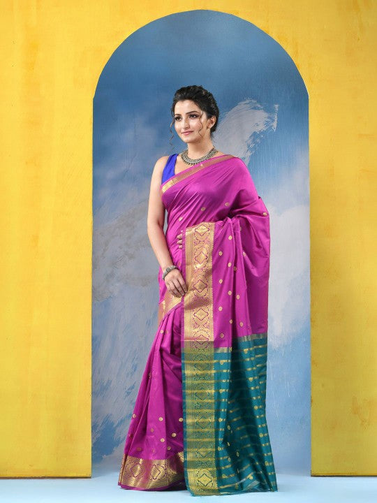 Exquisite Magenta Green Kanjeevaram Silk Blend Zari Woven Saree with Unstitched Blouse Piece
