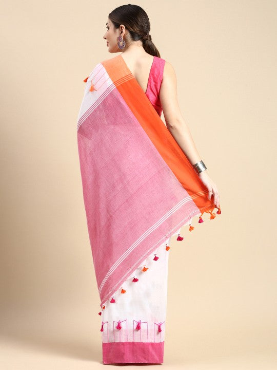 DESH BIDESH Solid Pure Cotton Tassel Design Taant Saree