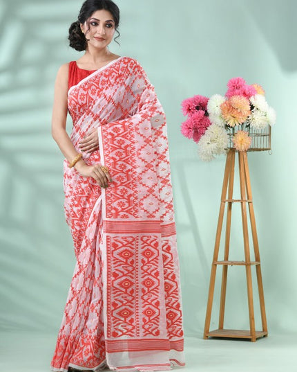 DESH BIDESH Red & White Jamdani Saree with Woven Design Motifs
