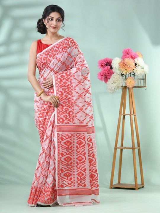 DESH BIDESH Red & White Jamdani Saree with Woven Design Motifs