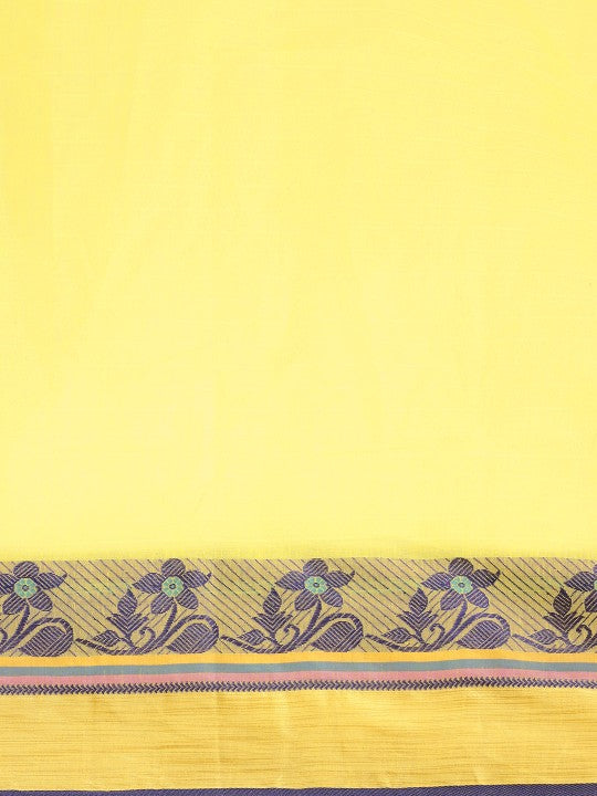 DESH BIDESH Yellow & Purple Ethnic Motifs Pure Cotton Taant Saree