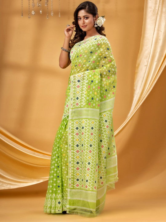 DESH BIDESH Green & White Ethnic Motifs Woven Pure Cotton Jamdani Saree
