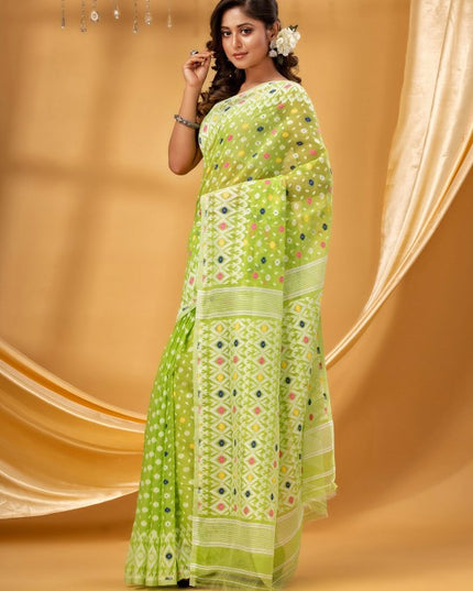 DESH BIDESH Pure Cotton Jamdani Saree: Green, White, Woven Ethnic Motifs