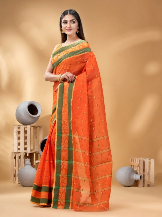 DESH BIDESH Ethnic Motifs Woven Design Zari Pure Cotton Taant Saree