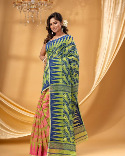 DESH BIDESH Pink-Green Pure Cotton Jamdani Saree: Elegant Woven Border Design