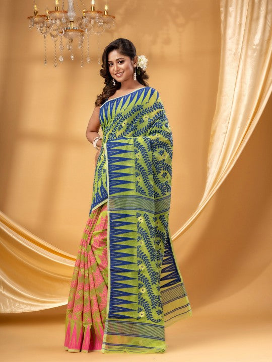 DESH BIDESH Pink-Green Pure Cotton Jamdani Saree: Elegant Woven Border Design