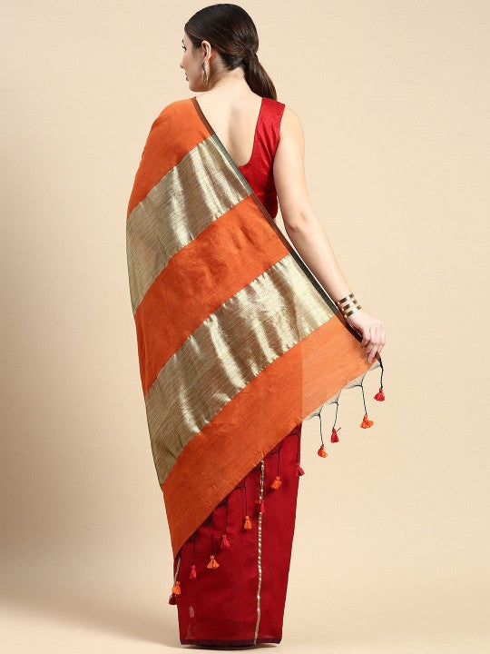 Exquisite Striped Red & Gold-Toned Silk Cotton Saree with Unstitched Blouse Piece