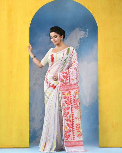 Exquisite Handloom Cotton Blend Soft Dhakai Jamdani Saree with Woven Design