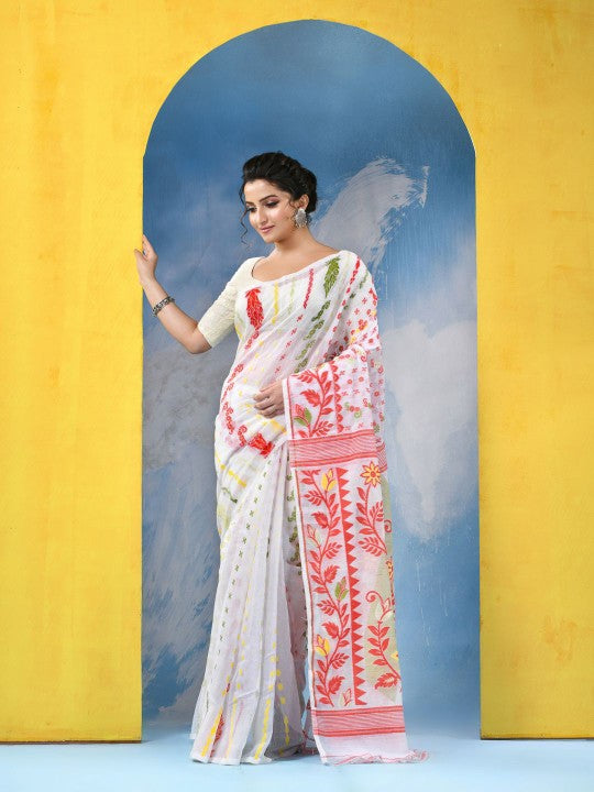 Exquisite Handloom Cotton Blend Soft Dhakai Jamdani Saree with Woven Design