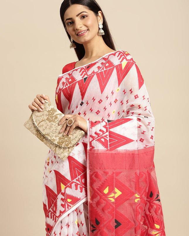 White & Red Pure Cotton Jamdani Saree