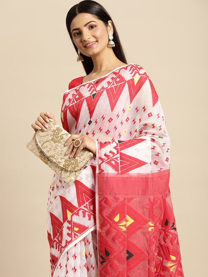 White & Red Pure Cotton Jamdani Saree