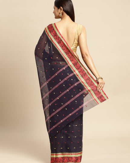 DESH BIDESH Navy Blue & Red Ethnic Motifs Pure Cotton Taant Saree