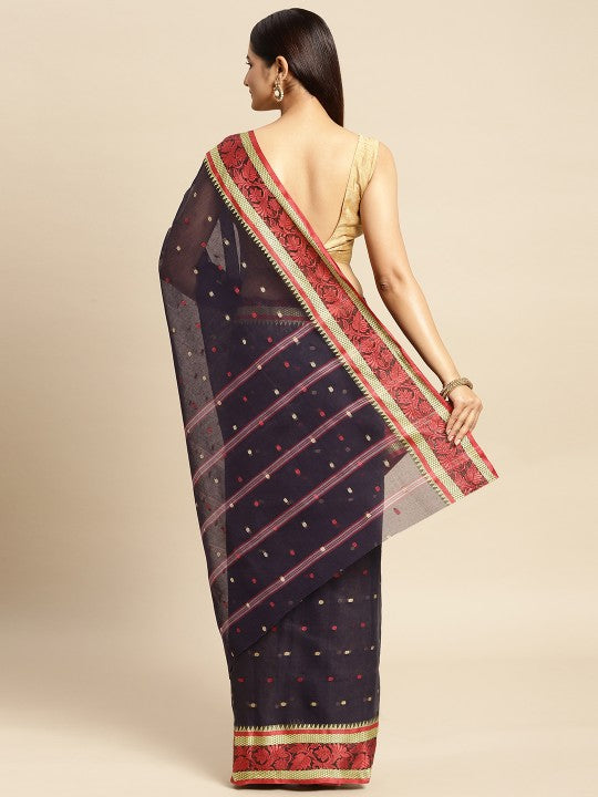 DESH BIDESH Navy Blue & Red Ethnic Motifs Pure Cotton Taant Saree