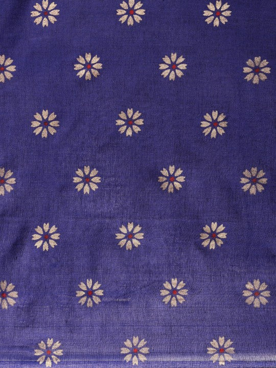 DESH BIDESH Navy Blue & Golden Floral Design Pure Cotton Taant Saree