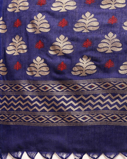 DESH BIDESH Navy Blue & Golden Floral Design Pure Cotton Taant Saree