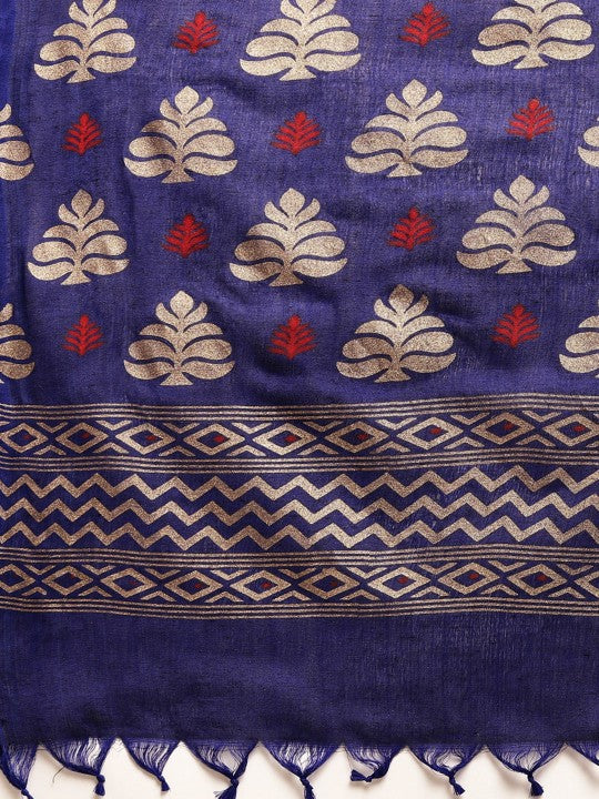 DESH BIDESH Navy Blue & Golden Floral Design Pure Cotton Taant Saree