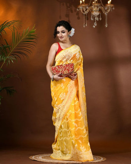 Exquisite Yellow Jamdani Saree with Woven Zari Design, Cotton Blend