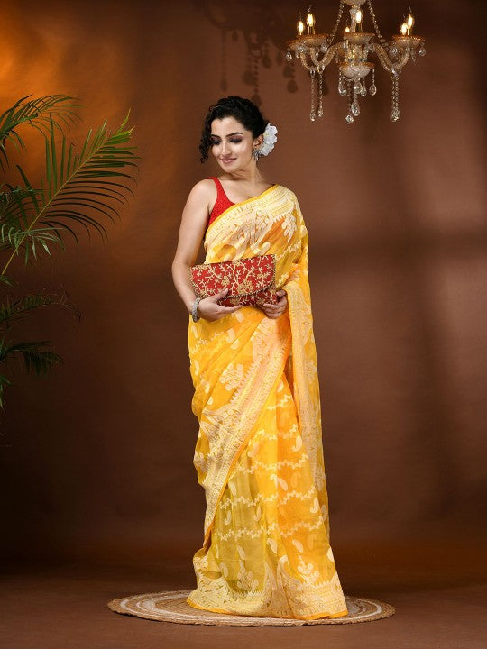 Exquisite Yellow Jamdani Saree with Woven Zari Design, Cotton Blend