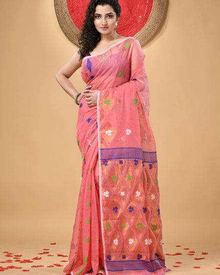 Exquisite Pink & Purple Floral Woven Design Jamdani Saree with Blouse Piece