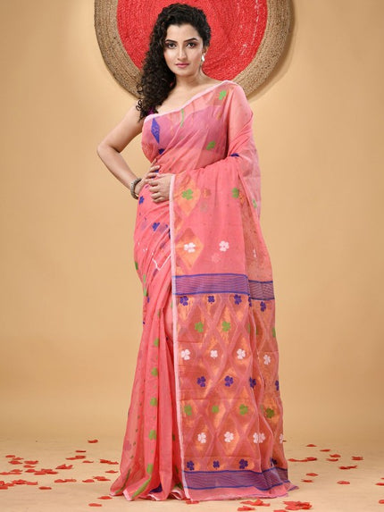 Exquisite Pink & Purple Floral Woven Design Jamdani Saree with Blouse Piece