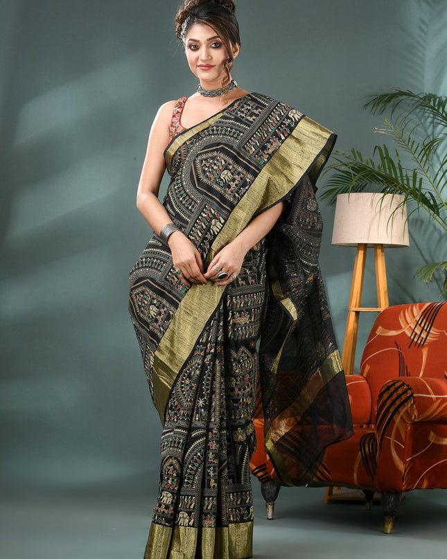 DESH BIDESH Warli Printed Bandhani Saree With Blouse Piece
