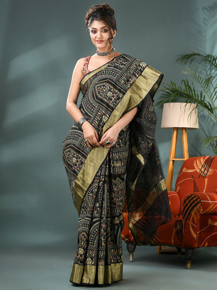DESH BIDESH Warli Printed Bandhani Saree With Blouse Piece