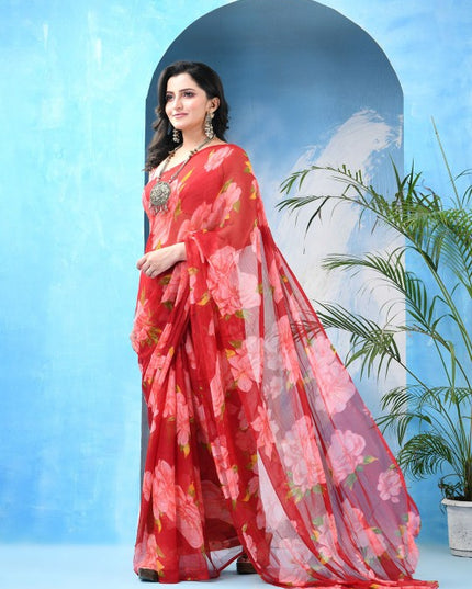 DESH BIDESH Elegant Red Pink Floral Poly Chiffon Saree for Women